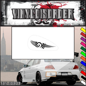 Motorcycle tribal wing vinyl decal, black design on white oval background