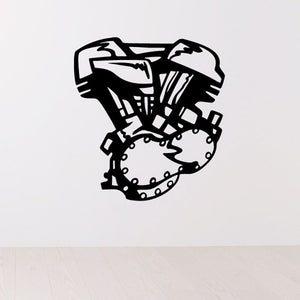 Motorcycle V-twin engine decal with black illustrated cylinder and crankcase