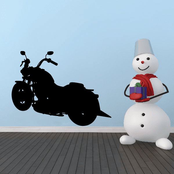 Vinyl wall decal set: black motorcycle silhouette and smiling snowman with red scarf
