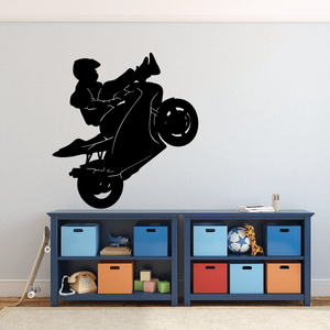 Black motorcycle rider wall decal, vinyl sticker with detailed bike silhouette.