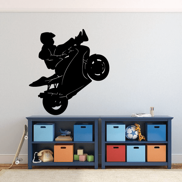 Black motorcycle rider wall decal, vinyl sticker with detailed bike silhouette.