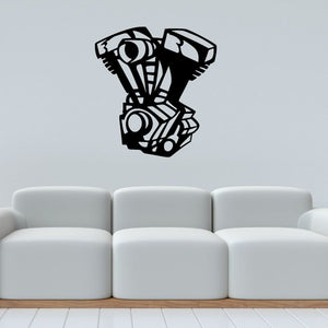 Black V-twin motorcycle engine decal with bold mechanical graphic