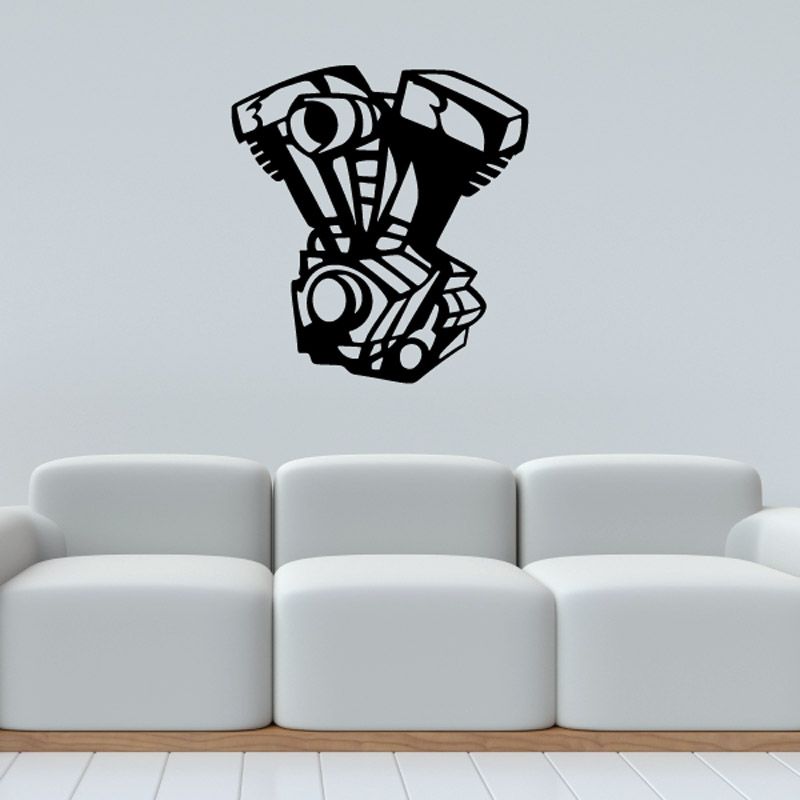 Black V-twin motorcycle engine decal with bold mechanical graphic
