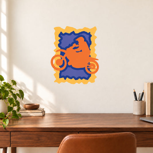 Square orange and blue motocross rider sticker with helmet and bike wheels