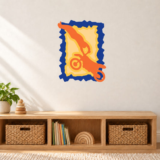 Orange and blue dirt bike decal with flame and wheel graphic