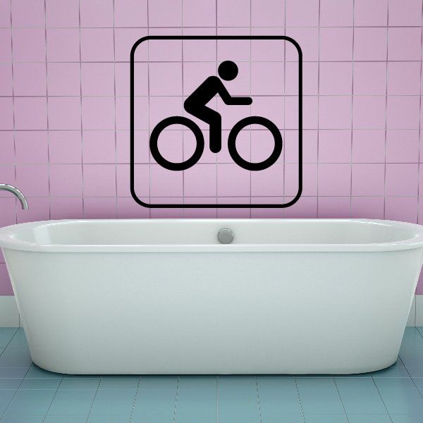 Mountain bike sign decal, black cyclist on bike in rounded square