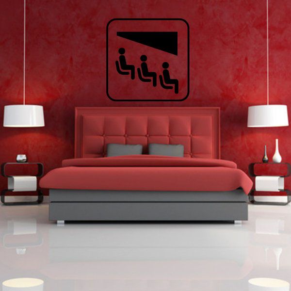 Movie theatre sign decal, rectangular outline with seated figures icon in dark print