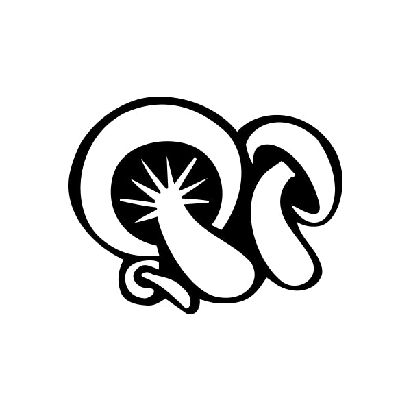 Bold black-and-white mushroom pair decal with radiating gills and curved caps
