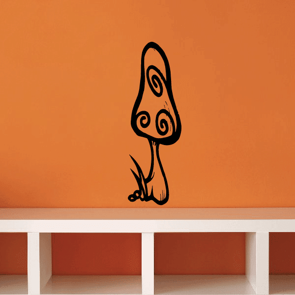 Swirled fairy mushroom and grass wall decal in black line art