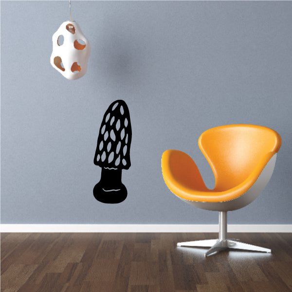 Tall morel mushroom wall decal, black with white speckled cap and dark stem.