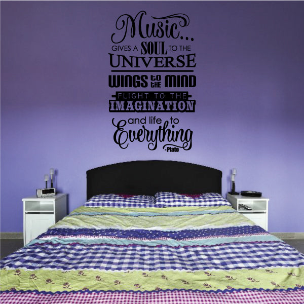 Music quote wall decal with 'Gives a Soul to the Universe' in stylized typography