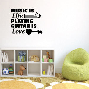 Music is Life wall decal with music notes, guitar, and heart text design