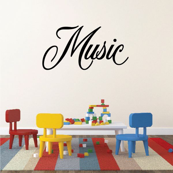 Music wall vinyl decal with script word, table, colorful chairs, and building blocks