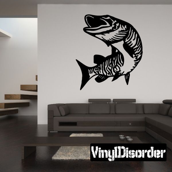 Muskie darting turn wall decal, black fish silhouette with white line details.