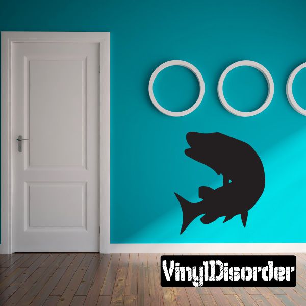 Black muskie fish silhouette darting wall decal with three white rings