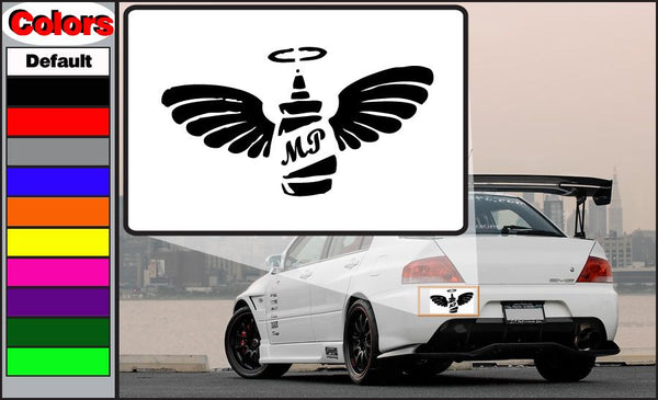 Black winged emblem car decal with central stylized MP lettering