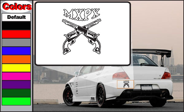 Black-and-white gun decal with MXPX text and crossed pistols