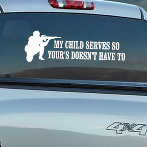 Vinyl car decal with child aiming silhouette and bold quote lettering on black background