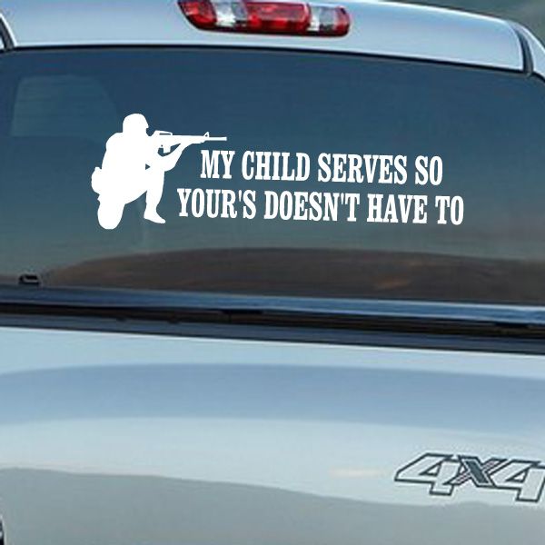 Vinyl car decal with child aiming silhouette and bold quote lettering on black background