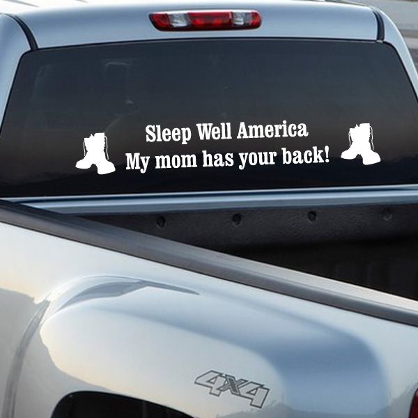 Car window decal with white text and dog silhouettes: “My mom has your back!”