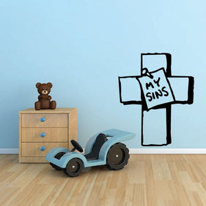 Wall decal cross with "My Sins" note and nail graphic