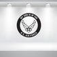 Circular US Air Force decal with winged emblem and arched text