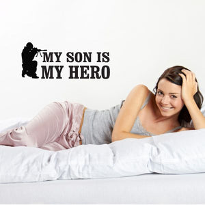 Black wall decal with aiming silhouette and text “MY SON IS MY HERO”