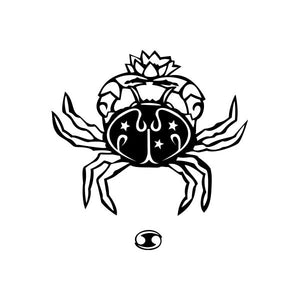 Cancer crab vinyl decal, black and white outline crab with crown and star symbols