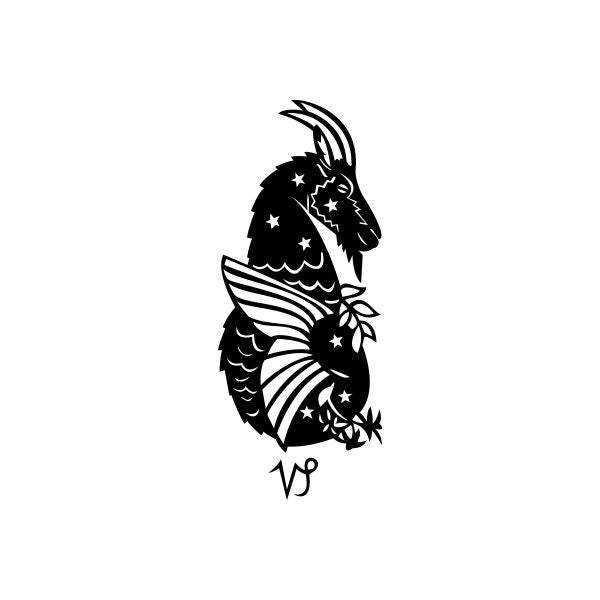 Capricorn figure decal, black silhouette with stars and moon accents