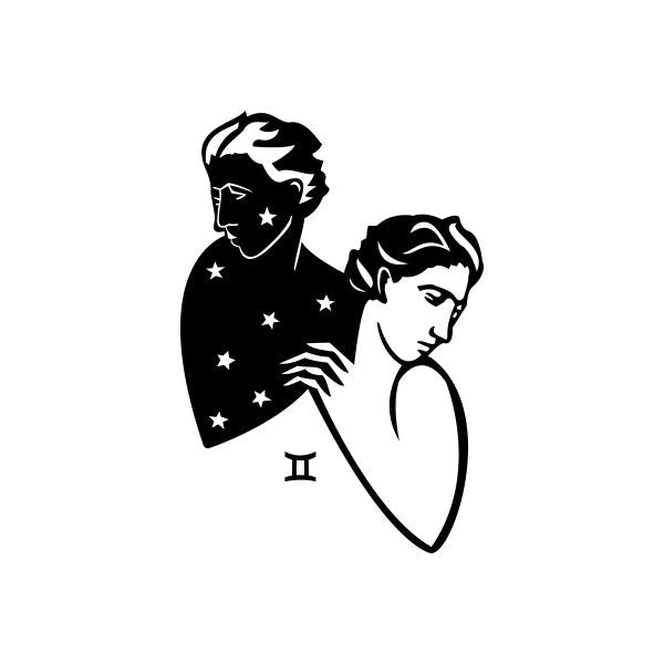 Gemini zodiac bust decal with two-faced profile, stars and curved line accents