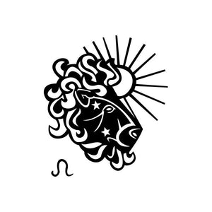 Black lion head magic decal with stylized mane and sunburst rays