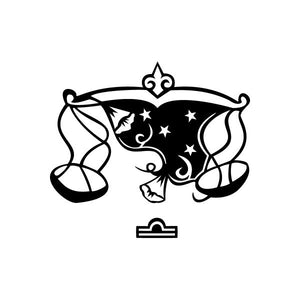 Stylized black cat zodiac scales decal with stars and ribbon