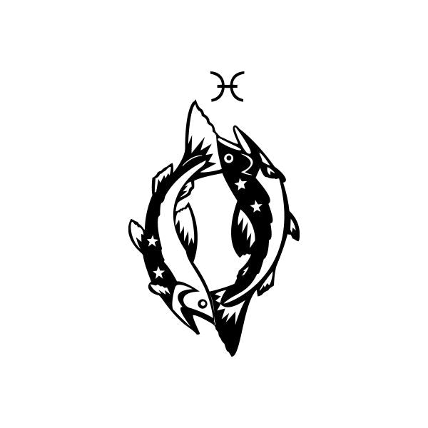 Black Pisces magic fish decal with stars and zodiac glyph