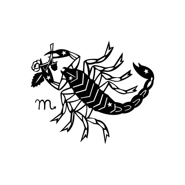 Scorpio magic scorpion decal, black outline with star accents and zodiac glyph