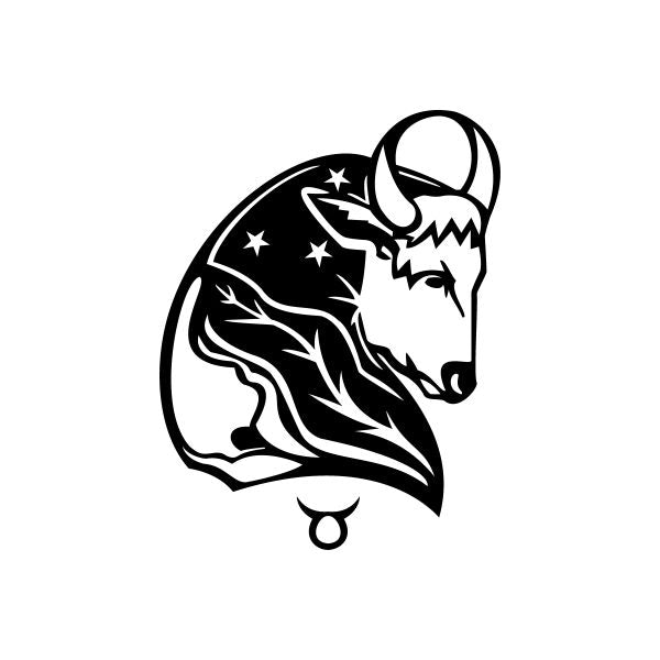 Black zodiac bull head decal with stars and swirl accents