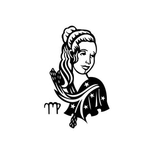 Virgo bust decal: black outlined zodiac woman with starry shirt and Virgo symbol