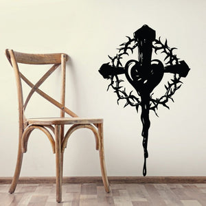 Black cross wall decal with heart wreath and flowing details
