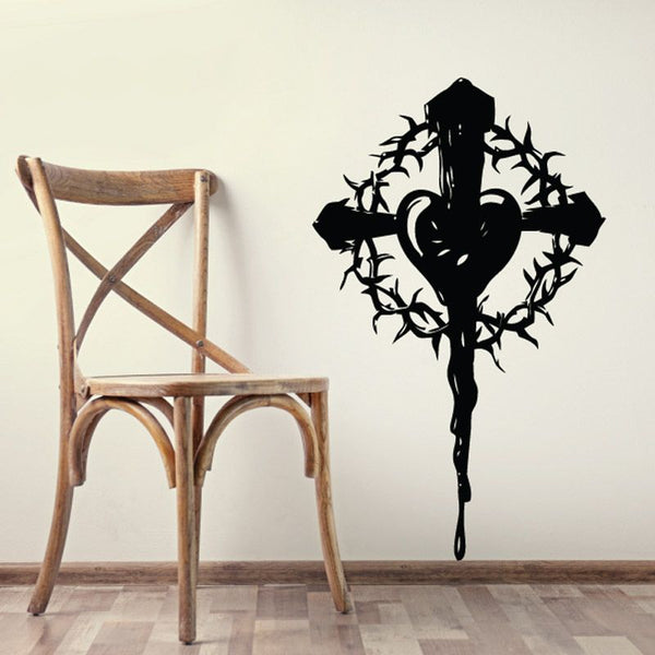 Black cross wall decal with heart wreath and flowing details