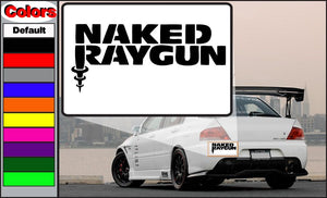 Wall decal with “NAKED RAYGUN” text and ray gun icon, black on white border
