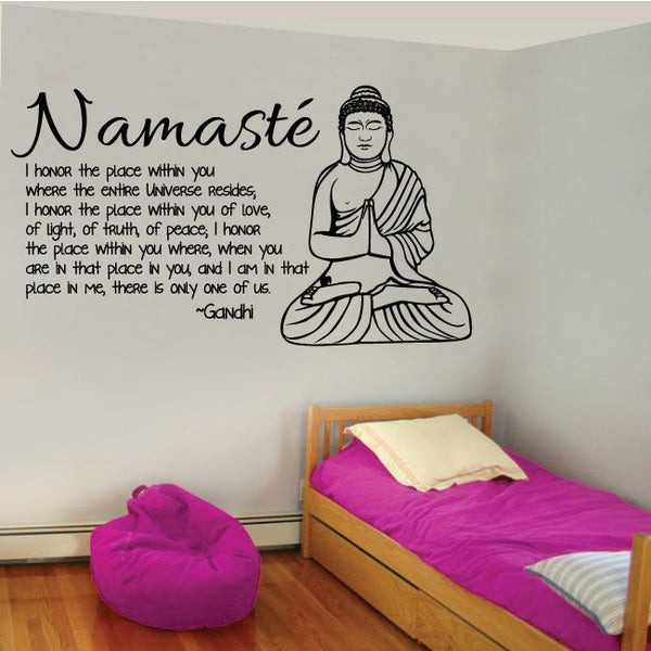 Namaste wall decal with seated Gandhi figure and peace text quote