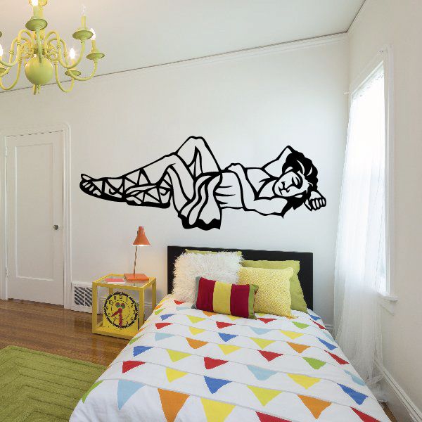 Napping deity wall decal, black outline of reclining cat figure