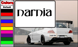 Narnia decal with black lowercase 'narnia' text for car rear