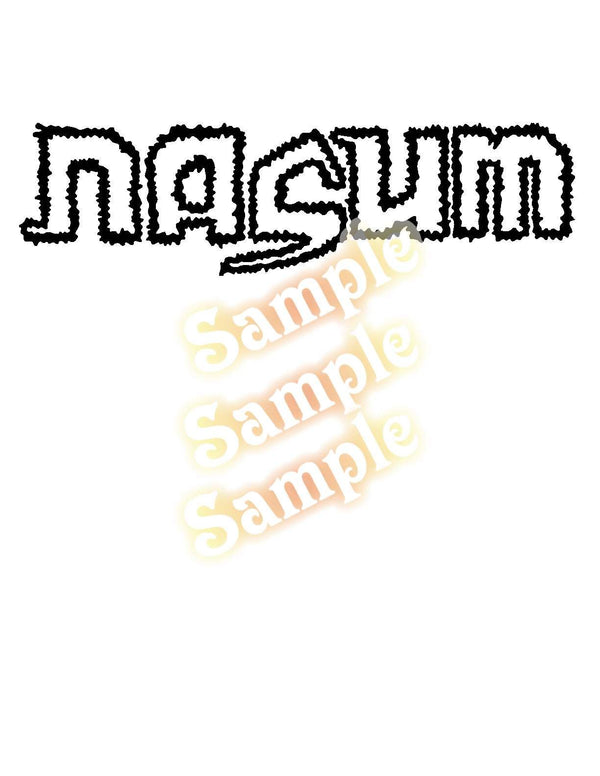 Nasum decal with black outlined text on white backing