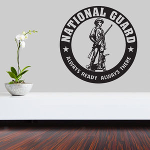 Circular National Guard decal with soldier graphic and text 'Always Ready Always There'.