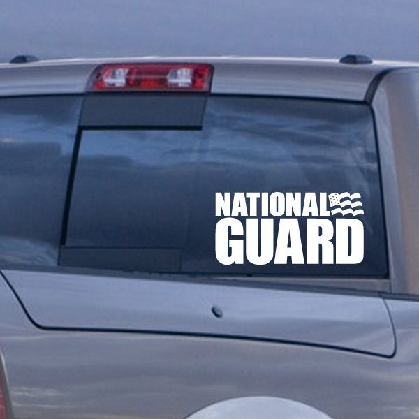 National Guard flag decal for car rear window, white text with eagle icon