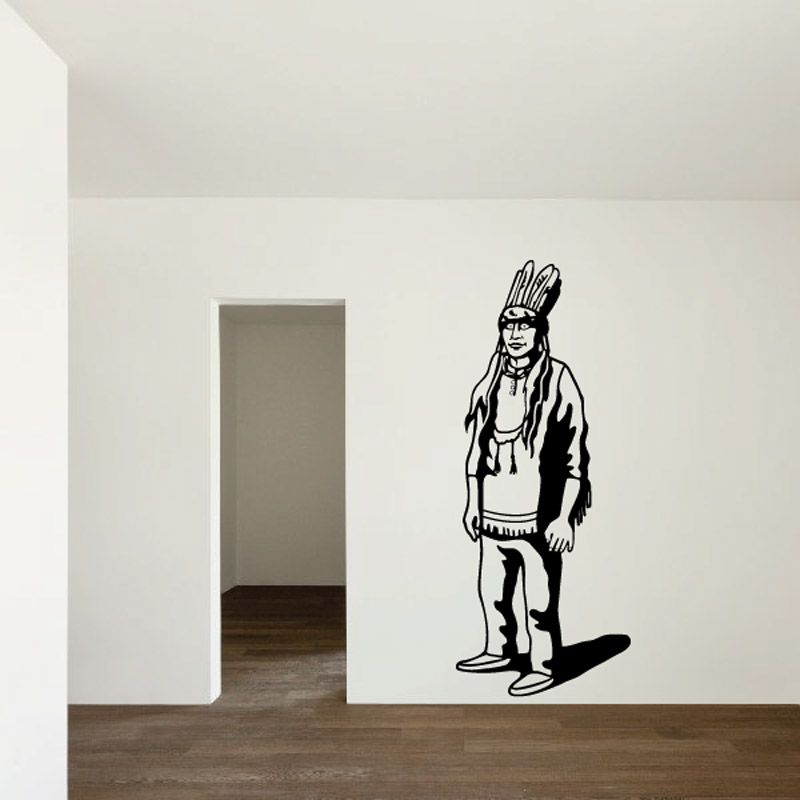 Native American figure decal with feather headdress in black line art