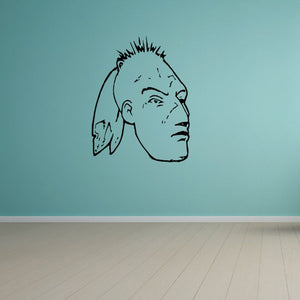 Native American face decal: black profile line art, clear backing