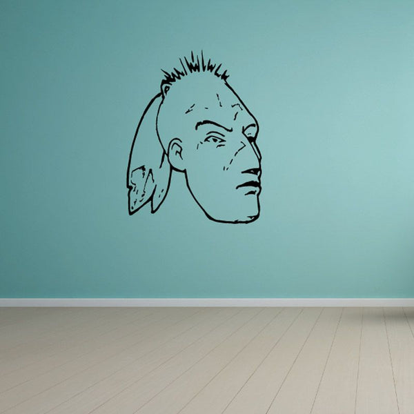 Native American face decal: black profile line art, clear backing