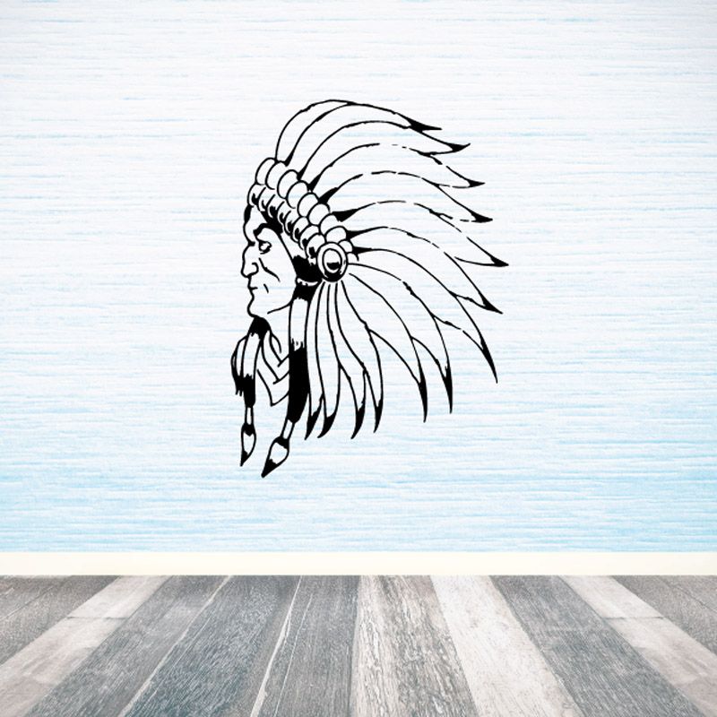 Native American headdress decal, black line-art profile with feathered headdress