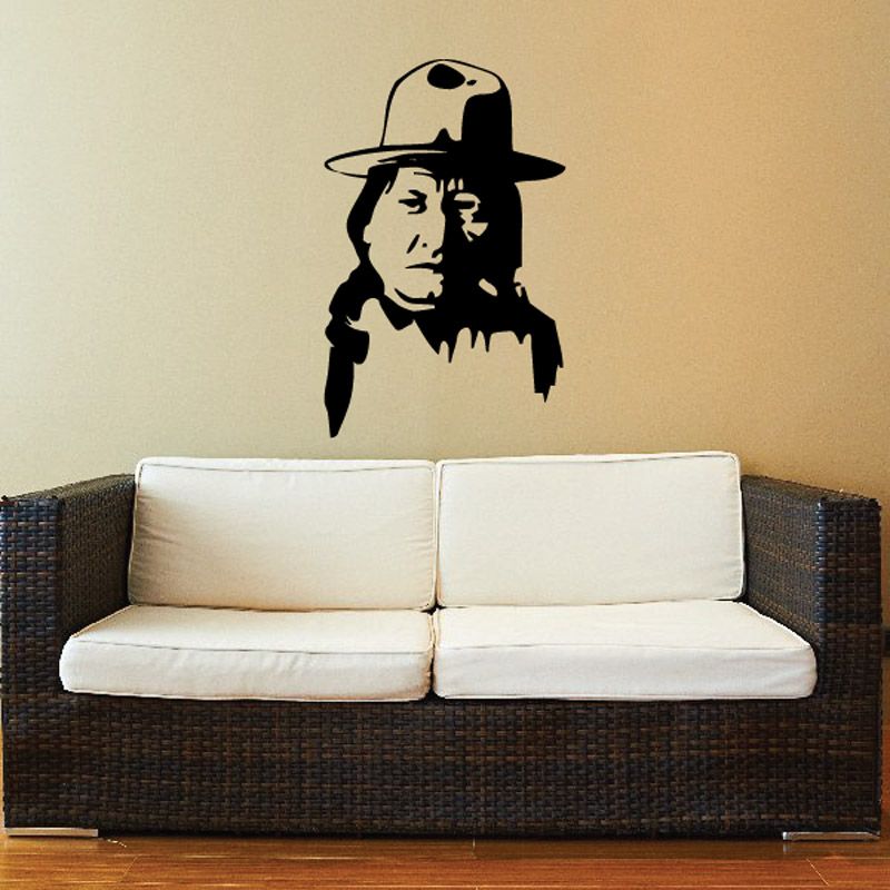Native American cowboy hat wall decal, black silhouette of face with hat